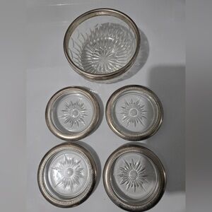 Set Of 5 Vintage LEONARD Crystal Coasters Italy Silver-Plate Glass Starbust 4